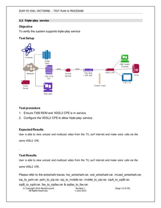 ISAM FD VDSL VECTORING - TEST PLAN & PROCEDURE
© Copyright 2014 Alcatel-Lucent
All Rights Reserved.
Revision 1
1 June 2015
[Page 13 of 29]
3.3 Triple-play service
Objective
To verify the system supports triple-play service
Test Setup
Test procedure
1. Ensure 7356 REM and VDSL2 CPE is in service.
2. Configure the VDSL2 CPE to allow triple-play service.
Expected Results
User is able to view unicast and multicast video from the TV, surf internet and make voice calls via the
same VDSL2 CPE.
.
Test Results
User is able to view unicast and multicast video from the TV, surf internet and make voice calls via the
same VDSL2 CPE.
Please refer to the wireshark traces, hsi_wireshark.rar, vod_wireshark.rar, mcast_wireshark.rar,
sip_to_pstn.rar, pstn_to_sip.rar, sip_to_mobile.rar, mobile_to_sip.rar, sipA_to_sipB.rar,
sipB_to_sipA.rar, fax_to_sipfax.rar & sipfax_to_fax.rar.
 