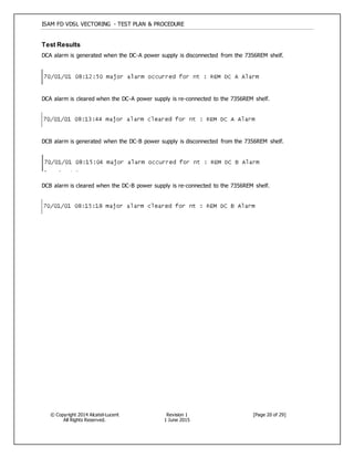 ISAM FD VDSL VECTORING - TEST PLAN & PROCEDURE
© Copyright 2014 Alcatel-Lucent
All Rights Reserved.
Revision 1
1 June 2015
[Page 20 of 29]
Test Results
DCA alarm is generated when the DC-A power supply is disconnected from the 7356REM shelf.
DCA alarm is cleared when the DC-A power supply is re-connected to the 7356REM shelf.
DCB alarm is generated when the DC-B power supply is disconnected from the 7356REM shelf.
DCB alarm is cleared when the DC-B power supply is re-connected to the 7356REM shelf.
 