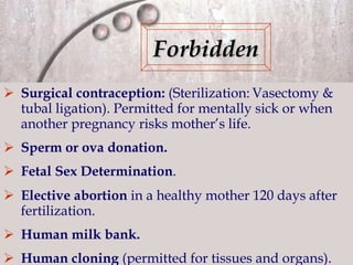 Surgical contraception:  (Sterilization:   Vasectomy & tubal ligation). Permitted for mentally sick or when another pregnancy risks mother’s life. Sperm or ova donation. Fetal Sex Determination . Elective abortion  in a healthy mother   120 days after fertilization. Human milk bank. Human cloning  (permitted for tissues and organs). Forbidden 