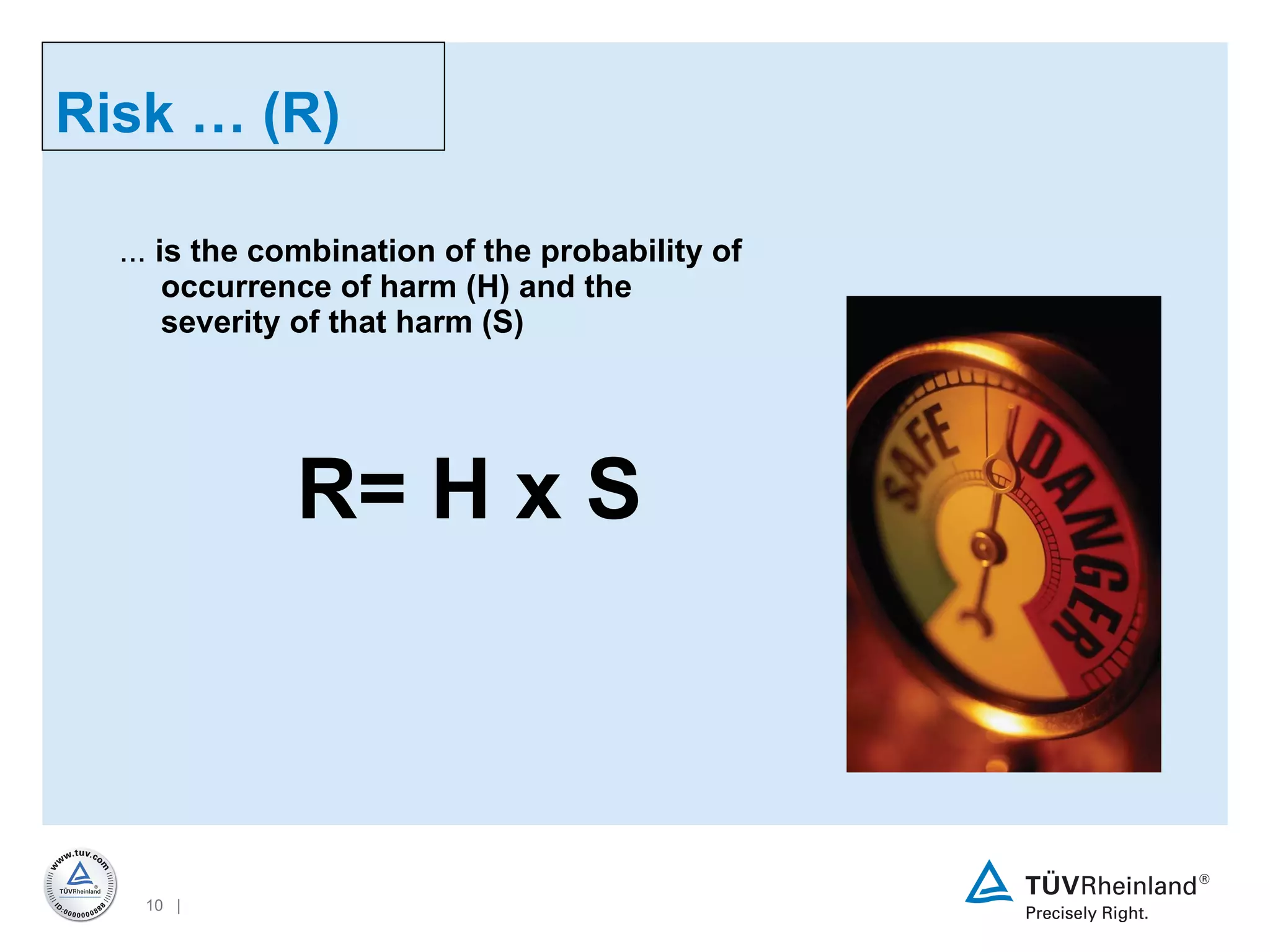 ...  is the combination of the probability of occurrence of harm (H) and the severity of that harm (S) R= H x S Risk … (R) 
