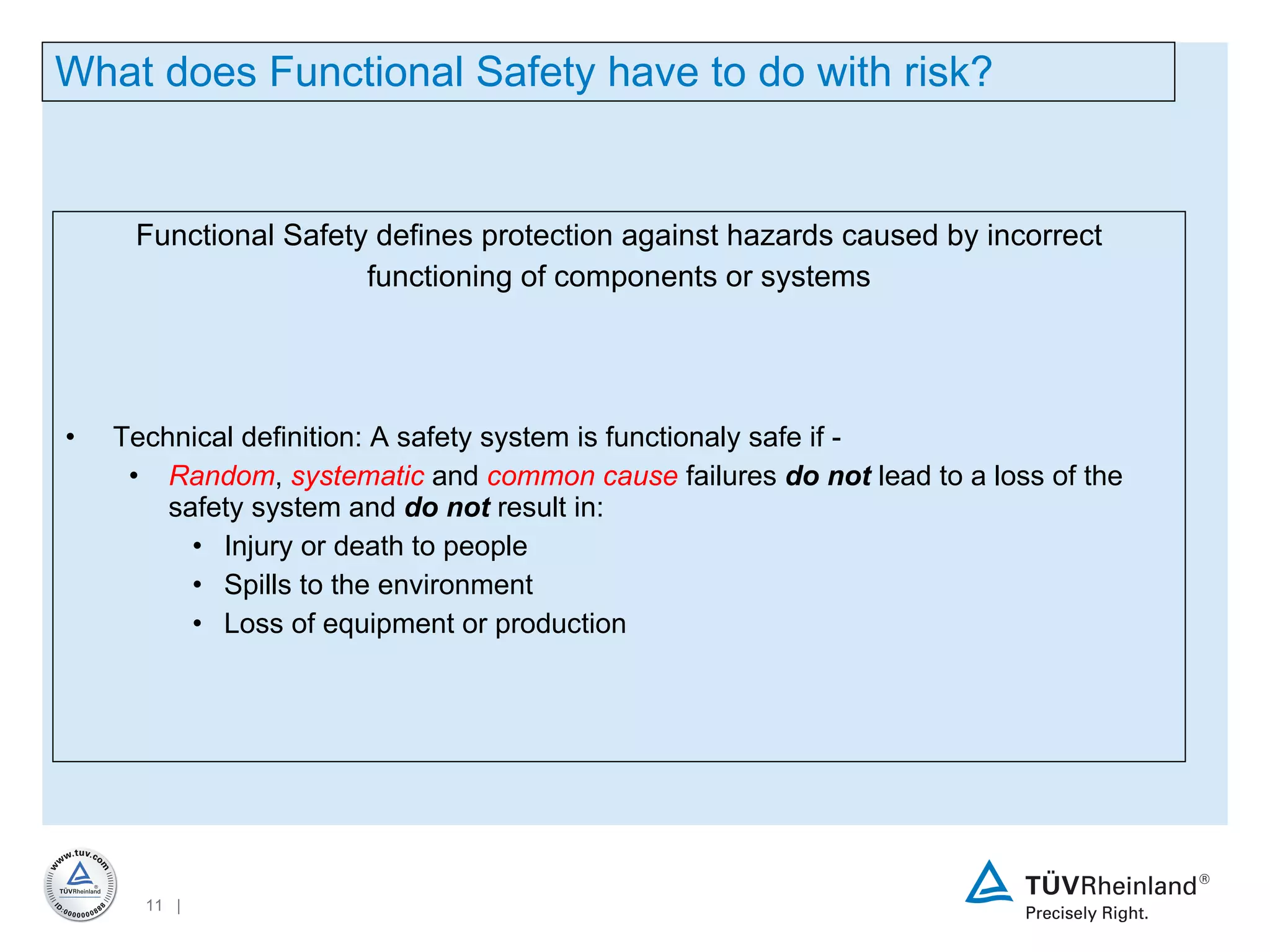 Functional Safety defines protection against hazards caused by incorrect functioning of components or systems Technical definition: A safety system is functionaly safe if -  Random ,  systematic  and  common cause  failures  do not  lead to a loss of the safety system and  do not  result in: Injury or death to people Spills to the environment Loss of equipment or production What does Functional Safety have to do with risk? 