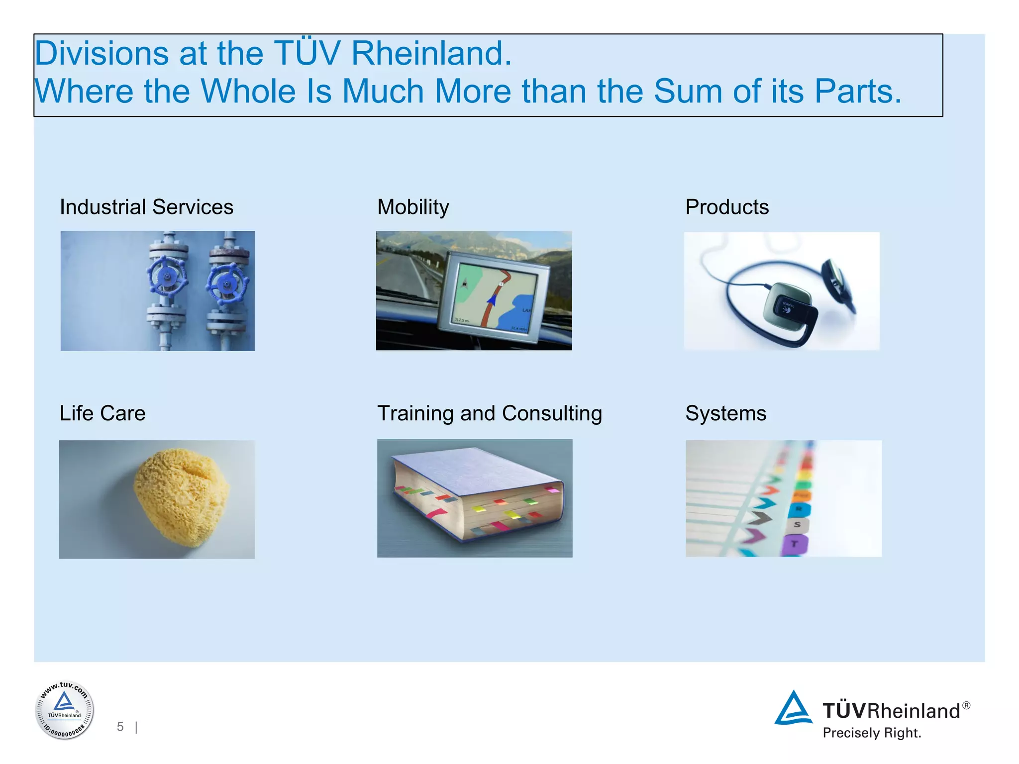 Divisions at the TÜV Rheinland. Where the Whole Is Much More than the Sum of its Parts. Life Care Training and Consulting Systems Industrial Services Mobility Products 
