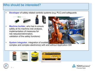 Developer  of safety related controls systems (e.g. PLC) and safeguards Machine builder , who has to ensure  safety at his machine (risk analysis,  implementation of measures for  risk reduction/elimination,  validation of the safety functions) System integrator , integration of available and approved safety modules (non-complex and complex electronics) with and without Application SW Who should be interested? 