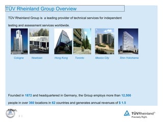 TÜV Rheinland Group is  a leading provider of technical services for independent testing and assessment services worldwide.  Founded in  1872  and headquartered in Germany, the Group employs more than  12,500  people in over  360  locations in  62  countries and generates annual revenues of  $  1.5  billion .   Our mission and guiding principle is to achieve sustained development of safety and quality in order to meet the challenges arising from the interaction between man, technology and the environment. Our integrated services package offers a whole lot more than just safety TÜV Rheinland  Group  Overview Cologne Newtown Hong Kong Toronto Mexico City Shin-Yokohama 