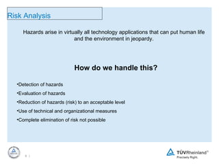 Hazards arise in virtually all technology applications that can put human life and the environment in jeopardy. Detection of hazards Evaluation of hazards Reduction of hazards (risk) to an acceptable level Use of technical and organizational measures Complete elimination of risk not possible Risk Analysis How do we handle this? 