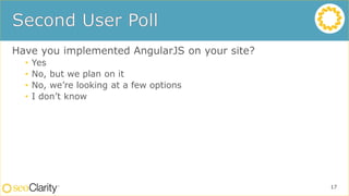 Have you implemented AngularJS on your site?
• Yes
• No, but we plan on it
• No, we’re looking at a few options
• I don’t know
17
 