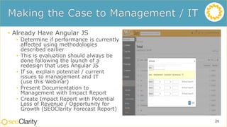 • Already Have Angular JS
• Determine if performance is currently
affected using methodologies
described earlier
• This is evaluation should always be
done following the launch of a
redesign that uses Angular JS
• If so, explain potential / current
issues to management and IT
(use this Webinar)
• Present Documentation to
Management with Impact Report
• Create Impact Report with Potential
Loss of Revenue / Opportunity for
Growth (SEOClarity Forecast Report)
26
 