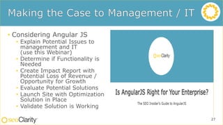 • Considering Angular JS
• Explain Potential Issues to
management and IT
(use this Webinar)
• Determine if Functionality is
Needed
• Create Impact Report with
Potential Loss of Revenue /
Opportunity for Growth
• Evaluate Potential Solutions
• Launch Site with Optimization
Solution in Place
• Validate Solution is Working
27
 
