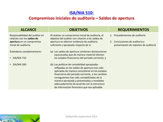 ISA/NIA	
  510:	
  
Compromisos	
  iniciales	
  de	
  auditoría	
  –	
  Saldos	
  de	
  apertura	
  
SAMan'lla	
  Sep'embre	
  2015	
  
ALCANCE	
   OBJETIVOS	
   REQUERIMIENTOS	
  
Responsabilidad	
  del	
  auditor	
  en	
  
relación	
  con	
  los	
  saldos	
  de	
  
apertura	
  en	
  un	
  compromiso	
  
inicial	
  de	
  auditoría.	
  
	
  
Estándares	
  complementario:	
  
	
  
•  ISA/NIA	
  710	
  
•  ISA/NIA	
  300	
  
Al	
  realizar	
  un	
  compromiso	
  inicial	
  de	
  auditoría,	
  el	
  
obje'vo	
  del	
  auditor	
  con	
  relación	
  a	
  los	
  saldos	
  de	
  
apertura	
  es	
  obtener	
  evidencia	
  de	
  auditoría	
  
suﬁciente	
  y	
  apropiada	
  respecto	
  de	
  si:	
  
	
  
(a)  Los	
  saldos	
  de	
  apertura	
  con'enen	
  declaraciones	
  
equivocadas	
  que	
  de	
  manera	
  material	
  afecten	
  
los	
  estados	
  ﬁnancieros	
  del	
  período	
  corriente;	
  y	
  
(b)  Las	
  polí'cas	
  de	
  contabilidad	
  apropiadas	
  
reﬂejadas	
  en	
  los	
  saldos	
  de	
  apertura	
  han	
  sido	
  
aplicadas	
  de	
  manera	
  consistente	
  en	
  los	
  estados	
  
ﬁnancieros	
  del	
  período	
  corriente,	
  o	
  los	
  cambios	
  
consiguientes	
  han	
  sido	
  contabilizados	
  de	
  la	
  
manera	
  apropiada	
  y	
  presentados	
  y	
  revelados	
  
adecuadamente	
  de	
  acuerdo	
  con	
  la	
  estructura	
  
de	
  información	
  ﬁnanciera	
  que	
  sea	
  aplicable.	
  
1.  Procedimientos	
  de	
  auditoría	
  
2.  Conclusiones	
  de	
  auditoría	
  y	
  
presentación	
  de	
  reportes	
  de	
  auditoría	
  
 