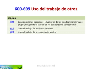 600-­‐699	
  Uso	
  del	
  trabajo	
  de	
  otros	
  
SAMan'lla	
  Sep'embre	
  2015	
  
ISA/NIA	
  
600	
   Consideraciones	
  especiales	
  –	
  Auditorías	
  de	
  los	
  estados	
  ﬁnancieros	
  de	
  
grupo	
  (incluyendo	
  el	
  trabajo	
  de	
  los	
  auditores	
  del	
  componente)	
  
610	
   Uso	
  del	
  trabajo	
  de	
  auditores	
  internos	
  
620	
   Uso	
  del	
  trabajo	
  de	
  un	
  experto	
  del	
  auditor	
  
 