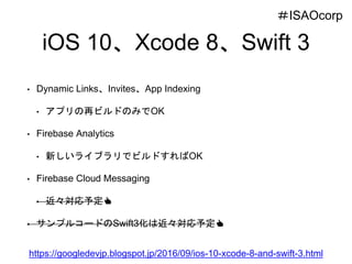 iOS 10、Xcode 8、Swift 3
• Dynamic Links、Invites、App Indexing
• アプリの再ビルドのみでOK
• Firebase Analytics
• 新しいライブラリでビルドすればOK
• Firebase Cloud Messaging
• 近々対応予定👍
• サンプルコードのSwift3化は近々対応予定👍
https://googledevjp.blogspot.jp/2016/09/ios-10-xcode-8-and-swift-3.html
＃ISAOcorp
 