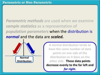 Parametric methods are used when we examine 
sample statistics as a representation of 
population parameters when the distribution is 
normal and the data are scaled. 
Normal 
Distribution 
A normal distribution tends to 
have the same number of data 
points on one side of the 
distribution as it does on the 
other side. These data points 
decrease evenly to the far left and 
far right. 
 
