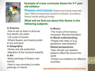 Flowers and insects Flowers and insects need each
other.Without insects there would be no flowers.And without
flowers insects would go hungry.
In Science:
•How to set up tests to discover
how plants use water
•Life cycle of insects
•Where flowers and insects prefer
to live and grow
In Geography:
•Honey and silk production
•Migration of the monarch butterfly
In Art:
•Make paintings of flowers and
insects
•How to use symmetry to make
paintings of insects
Example of cross curricular theme for 5-7 year
old children
10
What will we find out about this theme in the
following subjects:
www.greatlearning.com/ipc/the-ipc/units-of-work
In Music:
•The music of the famous
composer, Rymsky-Korsakov
In World understanding:
•People who help us (e.g.
gardeners, bee-keepers)
Global perspectives:
•How climate and weather
patterns affect life around the
world
•Flowers as emblems for different
countries
 