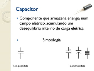 Capacitor


Componente que armazena energia num
campo elétrico, acumulando um
desequilíbrio interno de carga elétrica.



Sem polaridade

Simbologia

Com Polaridade

 