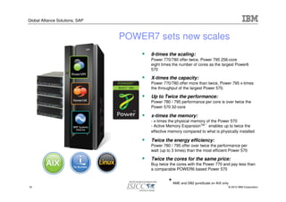 Global Alliance Solutions, SAP



                                 POWER7 sets new scales
                                       8-times the scaling:
                                       Power 770/780 offer twice, Power 795 256-core
                                       eight times the number of cores as the largest Power6
                                       570

                                       X-times the capacity:
                                       Power 770/780 offer more than twice, Power 795 x-times
                                       the throughput of the largest Power 570.

                                       Up to Twice the performance:
                                       Power 780 / 795 performance per core is over twice the
                                       Power 570 32-core

                                       x-times the memory:
                                       - x-times the physical memory of the Power 570
                                       - Active Memory ExpansionTM * enables up to twice the
                                       effective memory compared to what is physically installed

                                       Twice the energy efficiency:
                                       Power 780 / 795 offer over twice the performance per
                                       watt (up to 3 times) than the most efficient Power 570

                                       Twice the cores for the same price:
                                       Buy twice the cores with the Power 770 and pay less than
                                       a comparable POWER6 based Power 570



10
                                                * AME and DB2 pureScale on AIX only
                                                                                  © 2010 IBM Corporation
 