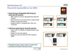Global Alliance Solutions, SAP

PowerHA SystemMirror for IBM i

  Asynchronous Geographic Mirroring for
  multi-site DR solution
     – IBM i based mirroring for geographically dispersed
       systems
                                                             IBM i                IBM i
     – Asynchronously mirrors disk writes to target system   PowerHA              PowerHA
     – Support for automatic failover
     – Supports IASPs on integrated disk, SAN, and
       virtual disk                                          IASP                 IASP



  LUN level switching for local HA solution
     – Switch IASP on DS8000 or DS6000 between local
       systems
     – Support for automatic failover
     – Supports native and VIOS with NPIV attached              IBM i            IBM i
       SANs                                                     PowerHA          PowerHA




                                                                          IASP
  PowerHA provides a robust, simple to manage High
  Availability and Disaster Recovery solution

                                                                                    © 2010 IBM Corporation
 