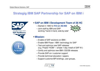 Global Alliance Solutions, SAP



     Strategig IBM SAP Partnership for SAP on IBM i

                                 SAP on IBM i Development Team of 26 HC
                                  – Started in 1995 for R/3 on AS/400
                                  – Joint staff by IBM and SAP                50/50
                                    working “hand-in-hand, side-by-side”


                                 Mission:
                                  – Enable of SAP solutions on IBM i
                                  – Enable IBM Power / IBM i technology for SAP
                                  – Test and optimize new SAP releases
                                    (e.g. Project “KOBI” – simple 1-day install of SAP A1)
                                  – Certify and optimize new IBM i OS/DB releases
                                  – Provide SAP-on-i customer support
                                  – Provide technical education / papers
                                  – Support customer/BP briefings, user groups,


                                                                                      © 2010 IBM Corporation
 