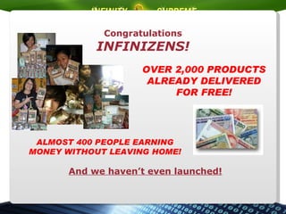 Congratulations INFINIZENS! OVER 2,000 PRODUCTS ALREADY DELIVERED FOR FREE! ALMOST 400 PEOPLE EARNING MONEY WITHOUT LEAVING HOME! And we haven’t even launched! 