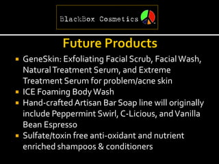  GeneSkin: Exfoliating Facial Scrub, Facial Wash,
  Natural Treatment Serum, and Extreme
  Treatment Serum for problem/acne skin
 ICE Foaming Body Wash
 Hand-crafted Artisan Bar Soap line will originally
  include Peppermint Swirl, C-Licious, and Vanilla
  Bean Espresso
 Sulfate/toxin free anti-oxidant and nutrient
  enriched shampoos & conditioners
 