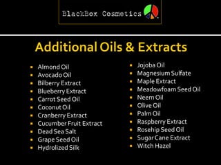    Almond Oil                  Jojoba Oil
   Avocado Oil                 Magnesium Sulfate
   Bilberry Extract            Maple Extract
   Blueberry Extract           Meadowfoam Seed Oil
   Carrot Seed Oil             Neem Oil
   Coconut Oil                 Olive Oil
   Cranberry Extract           Palm Oil
   Cucumber Fruit Extract      Raspberry Extract
   Dead Sea Salt               Rosehip Seed Oil
   Grape Seed Oil              Sugar Cane Extract
   Hydrolized Silk             Witch Hazel
 