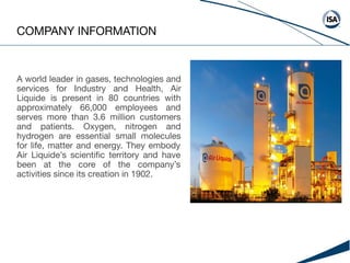 COMPANY INFORMATION
A world leader in gases, technologies and
services for Industry and Health, Air
Liquide is present in 80 countries with
approximately 66,000 employees and
serves more than 3.6 million customers
and patients. Oxygen, nitrogen and
hydrogen are essential small molecules
for life, matter and energy. They embody
Air Liquide’s scientiﬁc territory and have
been at the core of the company’s
activities since its creation in 1902.
 