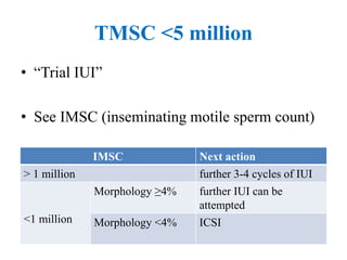 TMSC <5 million
• “Trial IUI”
• See IMSC (inseminating motile sperm count)
IMSC Next action
> 1 million further 3-4 cycles of IUI
<1 million
Morphology ≥4% further IUI can be
attempted
Morphology <4% ICSI
 