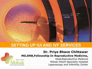 SETTING UP IUI AND IVF SERVICES
Dr. Priya Bhave Chittawar
MD,DNB,Fellowship In Reproductive Medicine,
Head,Reproductive Medicine
Mohak Hitech Speciality Hospital
Laparoscopy and Infertility Center
 