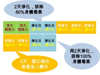 2天淨化，排除
    80%身體毒素

 預先  預先 淨化日 淨化日 奶昔日 奶昔日 奶昔日
調整日 調整日 (第1天) (第2天) (第3天) (第4天) (第5天)


奶昔日 奶昔日 淨化日 淨化日
(第6天) (第7天) (第8天) (第9天)
                          再2天淨化，
                          排除100%
       5天，讓正確的             身體毒素
        營養進入體內
 