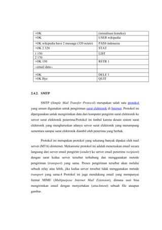 +OK                                             (inisialisasi koneksi)
  +OK                                             USER wikipedia
  +OK wikipedia have 2 message (320 octets)       PASS indonesia
  +OK 2 320                                       STAT
  1 150                                           LIST
  2 170
  +OK 150                                         RETR 1
  --email data--

  +OK                                             DELE 1
  +OK Bye                                         QUIT



2.4.2. SMTP

       SMTP (Simple Mail Transfer Protocol) merupakan salah satu protokol
yang umum digunakan untuk pengiriman surat elektronik di Internet. Protokol ini
dipergunakan untuk mengirimkan data dari komputer pengirim surat elektronik ke
server surat elektronik penerima.Protokol ini timbul karena desain sistem surat
elektronik yang mengharuskan adanya server surat elektronik yang menampung
sementara sampai surat elektronik diambil oleh penerima yang berhak.

       Protokol ini merupakan protokol yang sekarang banyak dipakai oleh mail
server (MTA) diinternet. Mekanisme protokol ini adalah meneruskan email secara
langsung dari server email pengirim (sender) ke server email penerima recipient)
dengan sarat kedua server tersebut terhubung dan menggunakan metode
pengiriman (transport) yang sama. Proses pengiriman tersebut akan melalui
sebuah relay atau lebih, jika kedua server tersebut tidak menggunakan metode
transport yang sama.4 Protokol ini juga mendukung email yang mempunyai
format MIME (Multipurpose Internet Mail Extension), dimana user bisa
mengirimkan email dengan menyertakan (attachment) sebuah file ataupun
gambar.
 
