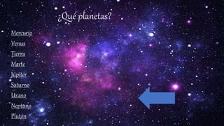 ¿Qué planetas?
• Mercurio
• Venus
• Tierra
• Marte
• Júpiter
• Saturno
• Urano
• Neptuno
• Plutón
 