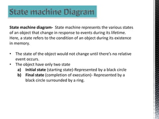 State machine diagram- State machine represents the various states
of an object that change in response to events during its lifetime.
Here, a state refers to the condition of an object during its existence
in memory.
• The state of the object would not change until there’s no relative
event occurs.
• The object have only two state
a) Initial state (starting state)-Represented by a black circle
b) Final state (completion of execution)- Represented by a
black circle surrounded by a ring.
 