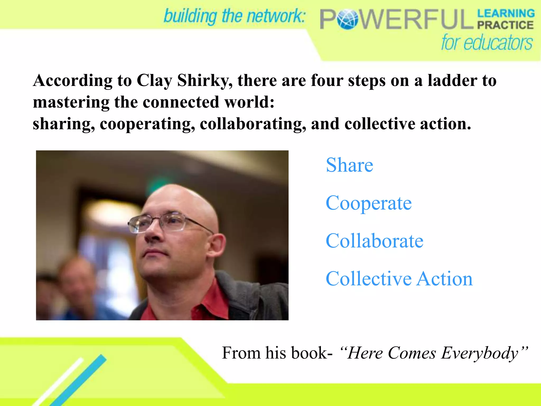 Share
Cooperate
Collaborate
Collective Action
According to Clay Shirky, there are four steps on a ladder to
mastering the connected world:
sharing, cooperating, collaborating, and collective action.
From his book- “Here Comes Everybody”
 