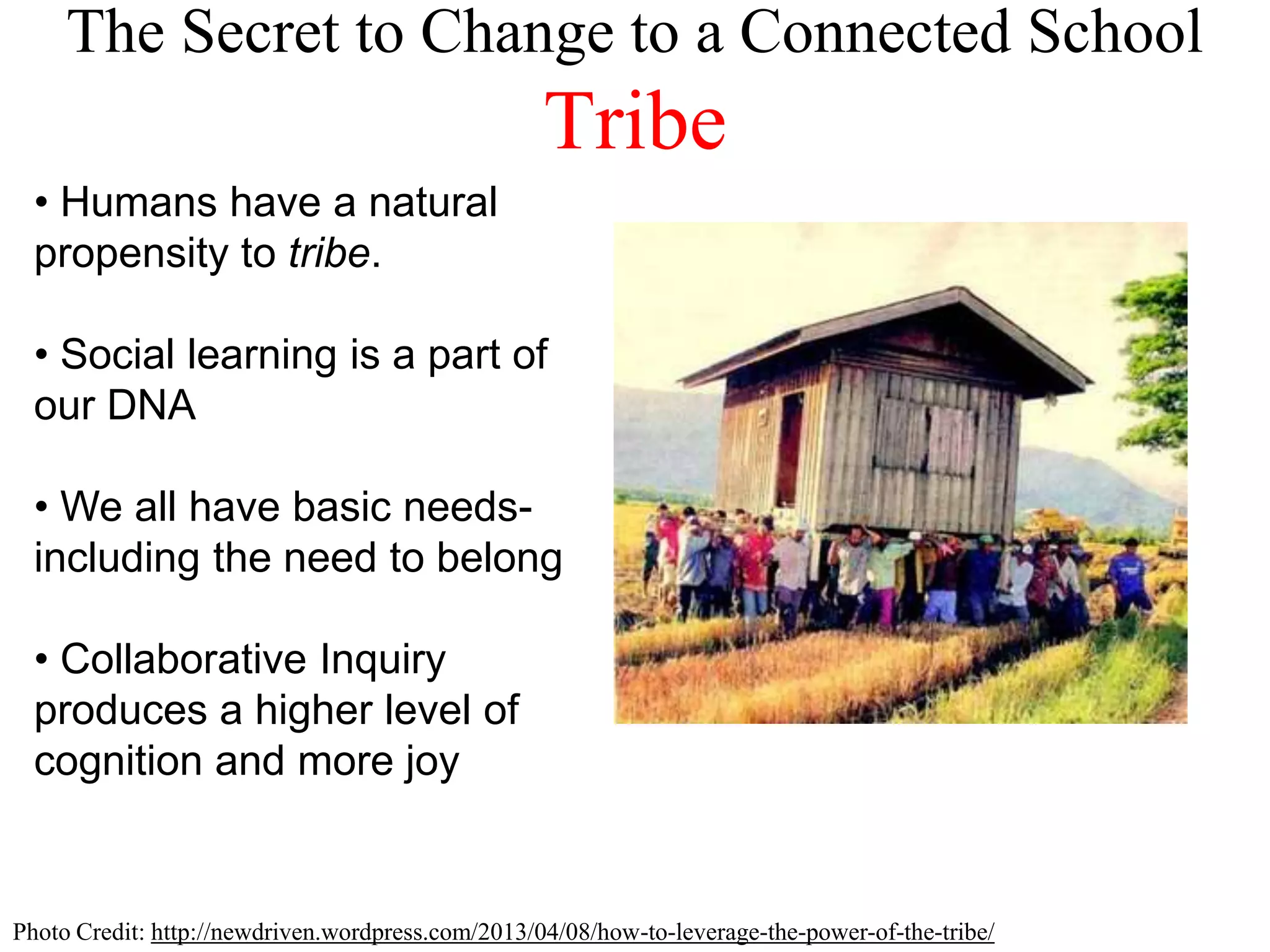 The Secret to Change to a Connected School
Tribe
Photo Credit: http://newdriven.wordpress.com/2013/04/08/how-to-leverage-the-power-of-the-tribe/
• Humans have a natural
propensity to tribe.
• Social learning is a part of
our DNA
• We all have basic needs-
including the need to belong
• Collaborative Inquiry
produces a higher level of
cognition and more joy
 