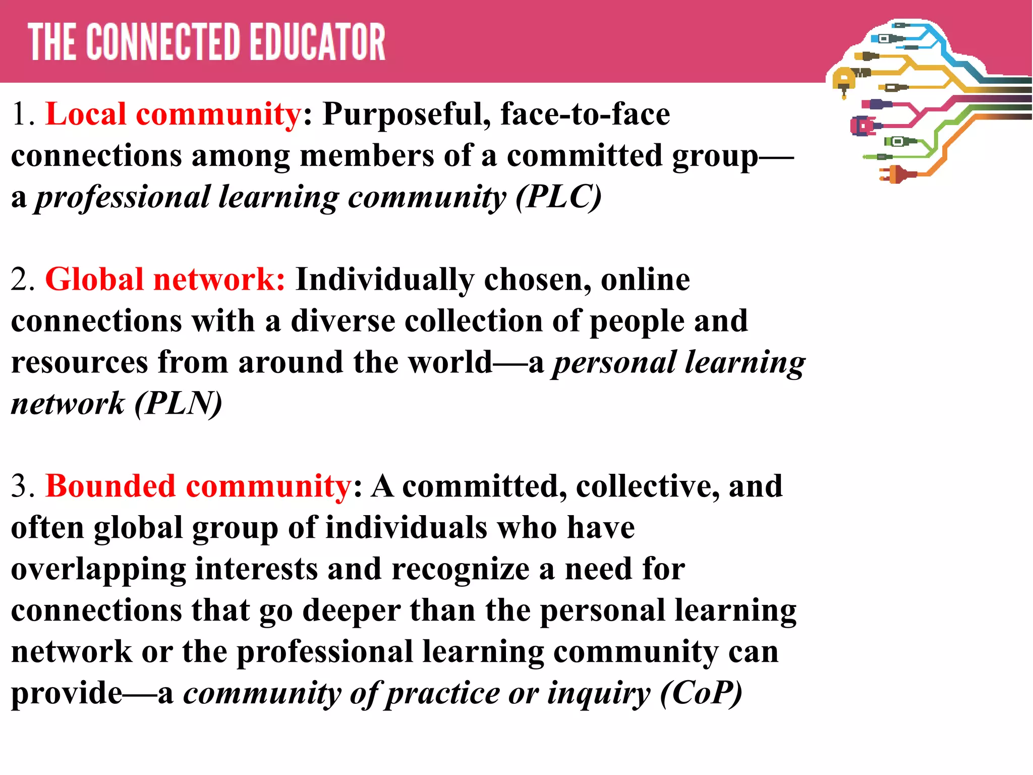 • THE CONNECTED EDUCATOR
1. Local community: Purposeful, face-to-face
connections among members of a committed group—
a professional learning community (PLC)
2. Global network: Individually chosen, online
connections with a diverse collection of people and
resources from around the world—a personal learning
network (PLN)
3. Bounded community: A committed, collective, and
often global group of individuals who have
overlapping interests and recognize a need for
connections that go deeper than the personal learning
network or the professional learning community can
provide—a community of practice or inquiry (CoP)
 