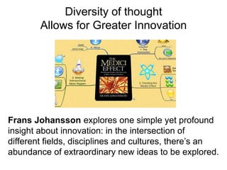 Diversity of thought
Allows for Greater Innovation
Frans Johansson explores one simple yet profound
insight about innovation: in the intersection of
different fields, disciplines and cultures, there’s an
abundance of extraordinary new ideas to be explored.
 
