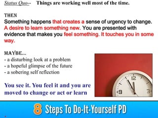 Status Quo-- Things are working well most of the time.
THEN
Something happens that creates a sense of urgency to change.
A desire to learn something new. You are presented with
evidence that makes you feel something. It touches you in some
way.
Maybe…
- a disturbing look at a problem
- a hopeful glimpse of the future
- a sobering self reflection
You see it. You feel it and you are
moved to change or act or learn
.
 