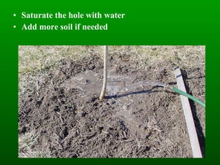 Saturate the hole with water Add more soil if needed 