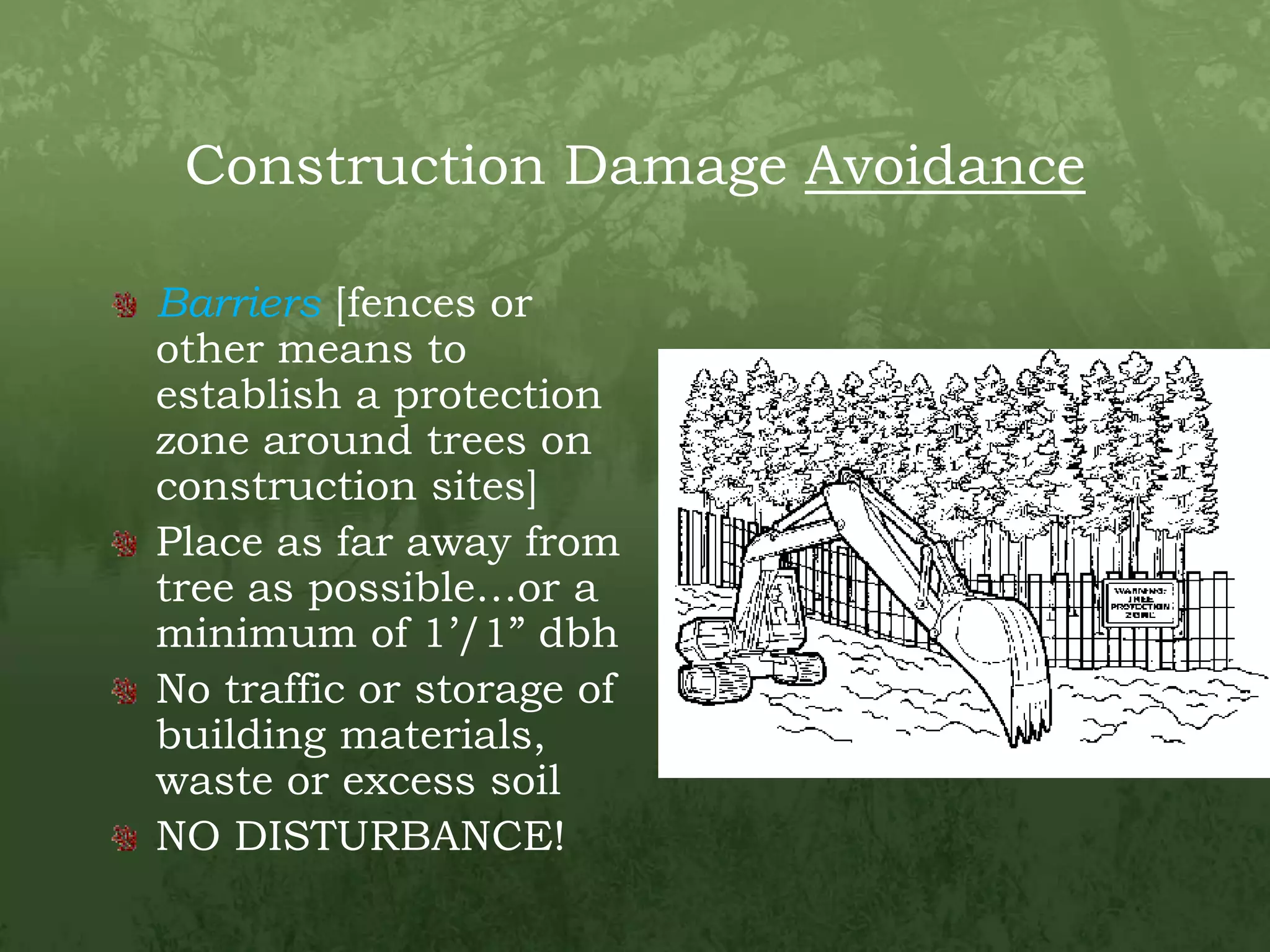 Construction Damage AvoidanceBarriers [fences or other means to establish a protection zone around trees on construction sites]Place as far away from tree as possible…or a minimum of 1’/1” dbhNo traffic or storage of building materials, waste or excess soilNO DISTURBANCE!