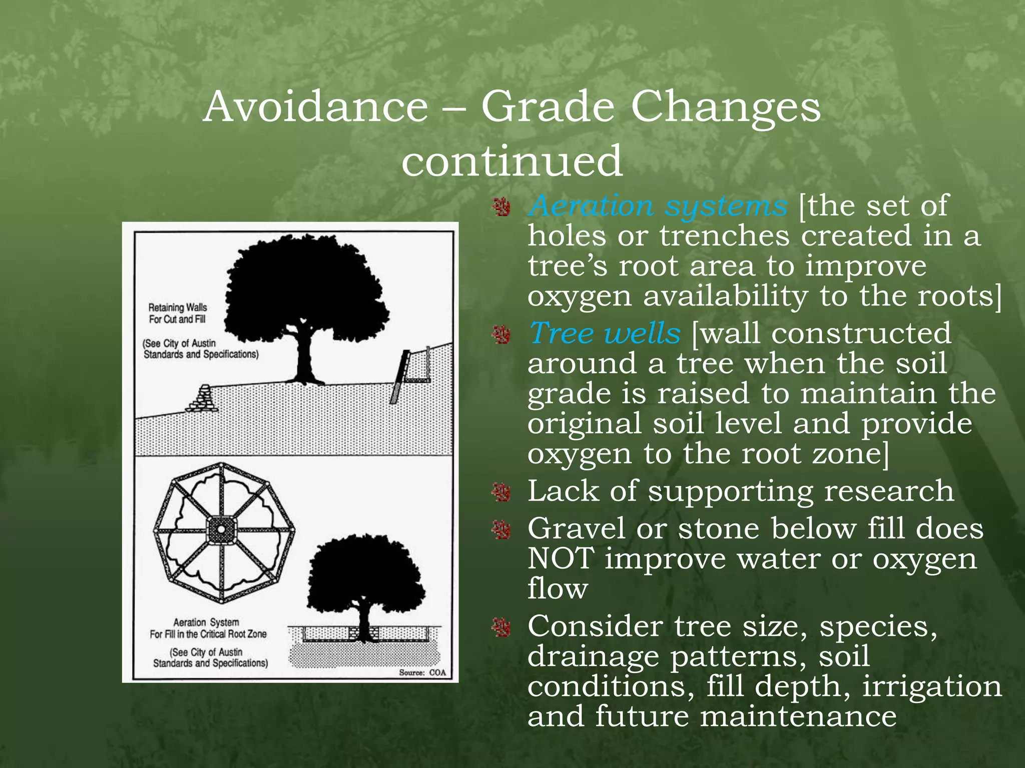 Avoidance – Grade Changes continuedAeration systems[the set of holes or trenches created in a tree’s root area to improve oxygen availability to the roots]Tree wells[wall constructed around a tree when the soil grade is raised to maintain the original soil level and provide oxygen to the root zone]Lack of supporting researchGravel or stone below fill does NOT improve water or oxygen flowConsider tree size, species, drainage patterns, soil conditions, fill depth, irrigation and future maintenance