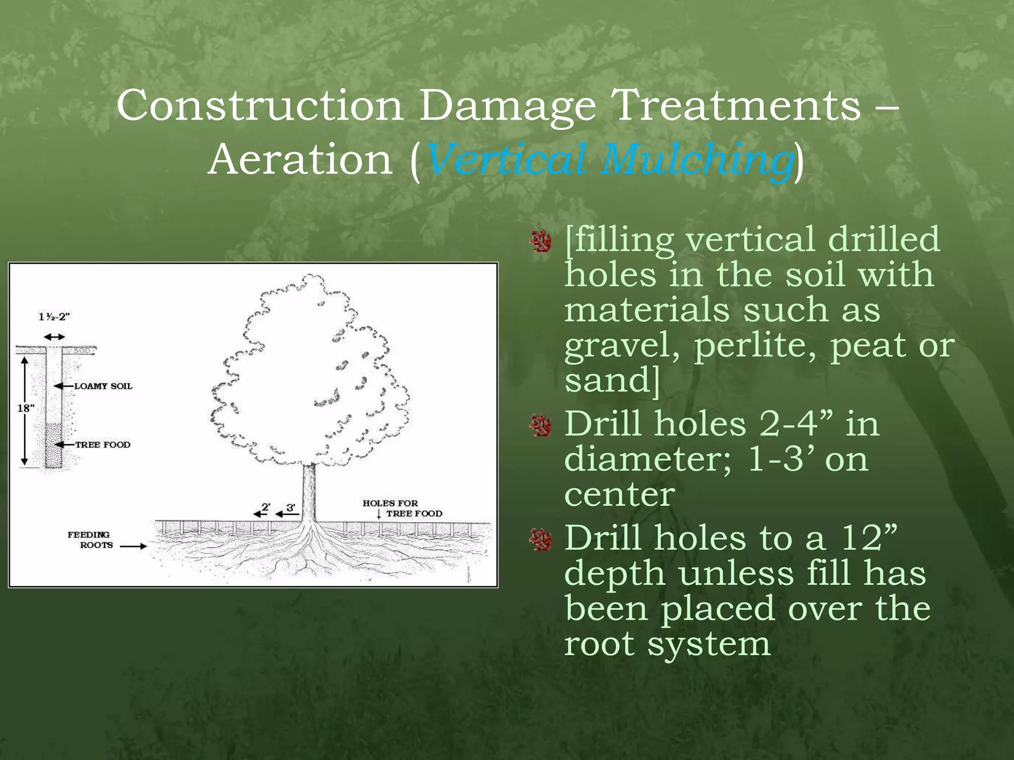 Construction Damage Treatments – Aeration (Vertical Mulching)[filling vertical drilled holes in the soil with materials such as gravel, perlite, peat or sand]Drill holes 2-4” in diameter; 1-3’ on centerDrill holes to a 12” depth unless fill has been placed over the root system