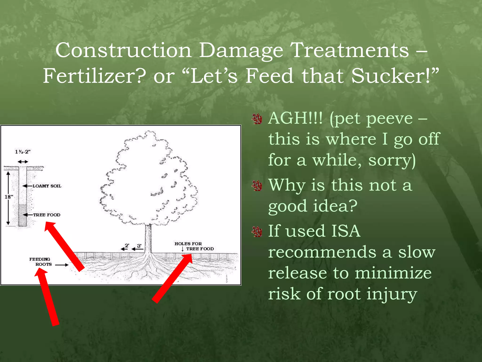 Construction Damage Treatments – Fertilizer? or “Let’s Feed that Sucker!”AGH!!! (pet peeve – this is where I go off for a while, sorry)Why is this not a good idea?If used ISA recommends a slow release to minimize risk of root injury
