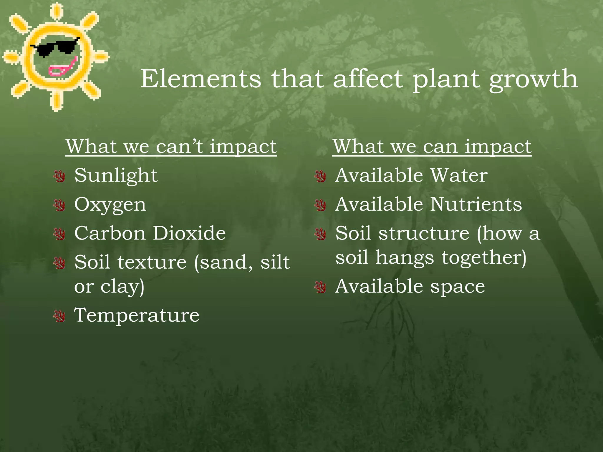 Elements that affect plant growthWhat we can’t impactSunlightOxygenCarbon DioxideSoil texture (sand, silt or clay)TemperatureWhat we can impactAvailable WaterAvailable NutrientsSoil structure (how a soil hangs together)Available space