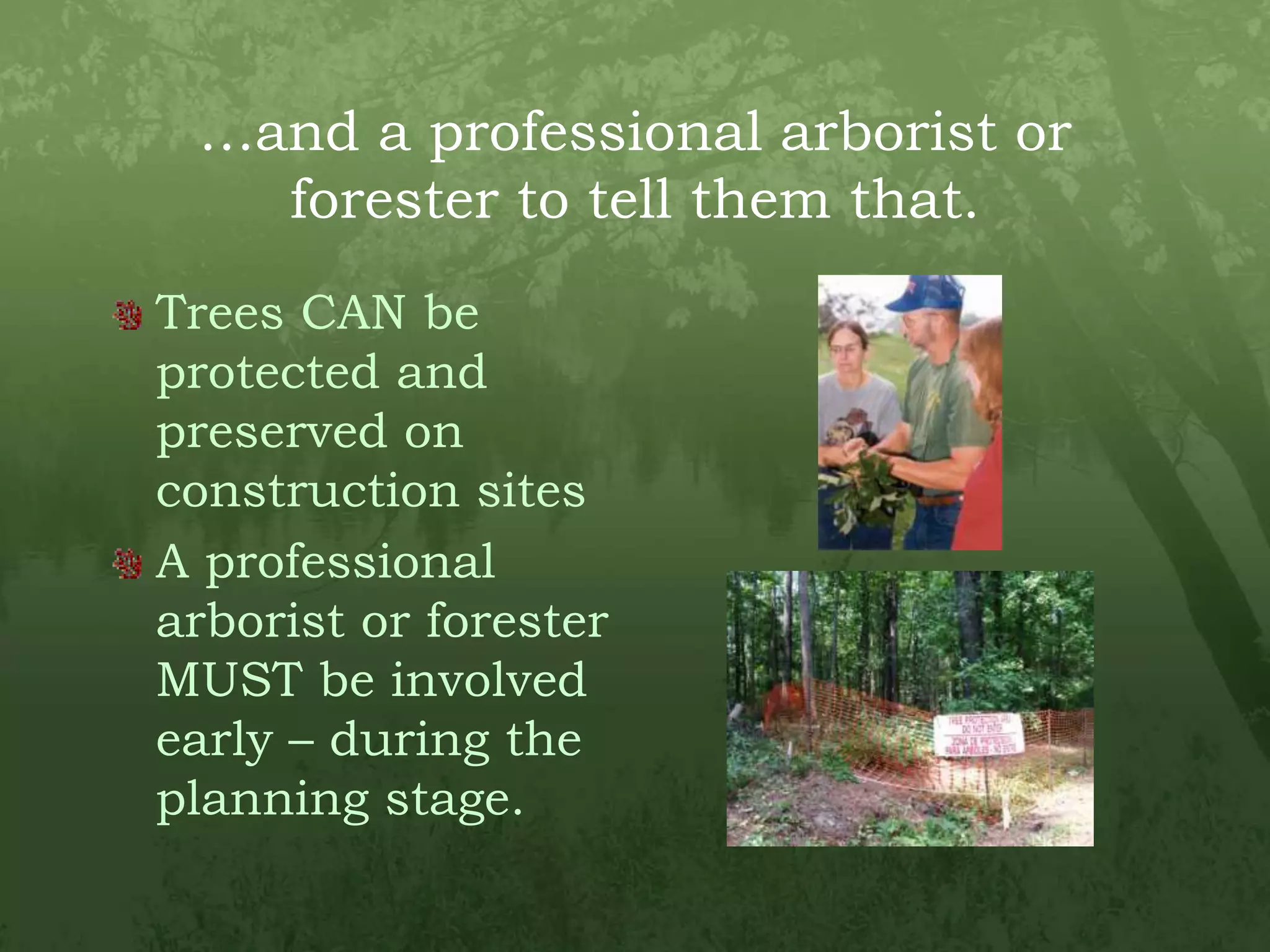 …and a professional arborist or forester to tell them that.Trees CAN be protected and preserved on construction sitesA professional arborist or forester MUST be involved early – during the planning stage.