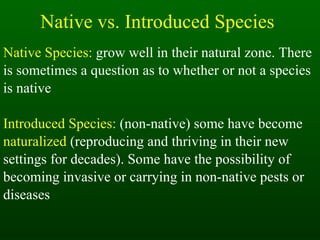 Native vs. Introduced Species Native Species:  grow well in their natural zone. There is sometimes a question as to whether or not a species is native Introduced Species:  (non-native) some have become naturalized  (reproducing and thriving in their new settings for decades). Some have the possibility of becoming invasive or carrying in non-native pests or  diseases 