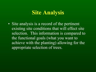 Site Analysis Site analysis is a record of the pertinent existing site conditions that will effect site selection.  This information is compared to the functional goals (what you want to achieve with the planting) allowing for the appropriate selection of trees. 