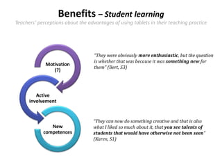 Benefits – Student learning
Teachers’ perceptions about the advantages of using tablets in their teaching practice
Motivation
(?)
Active
involvement
New
competences
“They were obviously more enthusiastic, but the question
is whether that was because it was something new for
them” (Bert, S3)
“They can now do something creative and that is also
what I liked so much about it, that you see talents of
students that would have otherwise not been seen”
(Karen, S1)
 