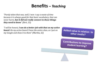 Benefits – Teaching
“Purely taken that was, well, I won t say a waste of time
because it is always good for that basic vocabulary, that can
never harm, but it did not really connect to those things
they need to know” (Bert, S3)
“I will be honest, I can do a better job with that on my active
board. On my active board I have the entire class, so I put on
my Google and show it to them” (Martha, S2)
 