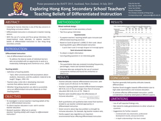 Exploring Hong Kong Secondary School Teachers’
Teaching Beliefs of Differentiated Instruction
Coby Ka-Yau WU
Sally Wai-Yan WAN
Ylena Yan WONG
Faculty of Education
The Chinese University of Hong Kong
Corresponding email: sallywywan@cuhk.edu.hk
ABSTRACT
• Catering for learner diversity is one of the key concerns in
Hong Kong curriculum reform.
• Differentiated instruction is introduced in teacher training
sectors.
• With the use of a survey and focus group interviews, this
mixed-method study attempts to explore teachers’
beliefs of differentiated instruction in two Hong Kong
secondary schools.
INTRODUCTION
Differentiated instruction:
• Aim of differentiated instruction:
• To address the diverse needs of individual learners
who are provided with an opportunity to work at a
moderately challenging level (Tomlinson et al., 2003)
Teaching beliefs:
• Definition of teaching beliefs:
• “tacit, often unconsciously held assumptions about
students, classrooms, and the academic material to be
taught” (Kagan, 1992: 65)
• Teachers play a vital role in developing classroom
routines that address learner variance
• Whether Hong Kong teachers are able to successfully
carry out differentiated instruction depends on their
teaching beliefs.
OBJECTIVES
• To investigate in-service teachers' teaching beliefs of the
use of differentiated instruction
• To inform teacher educators in pre- and in-service
teacher education
• Research question: What are in-service
teachers‘ teaching beliefs with respect to differentiated
instruction?
METHODOLOGY
Mixed methods design:
• A questionnaire to two secondary schools
• Two focus group interviews
Questionnaire
• To explore teachers’ teaching beliefs upon inclusive and
differentiated teaching practices
• Based on Scott & Spencer’s (2006) 15-item scale about
teaching beliefs upon differentiated instruction
• 6-point Likert scale (1=strongly disagree to 6=strongly agree)
Semi-structured interviews
• To obtain in-depth information
• Use of guiding questions in an interview guide
Data Analysis:
• The quantitative data was analyzed including frequencies,
percentages, means and standard deviations
• Interview data was analyzed by the use of constant
comparative method and found the similarities or
differences
RESULTS
• Positive attitudes towards differentiated instruction, with
a mean score of 4.46 (S.D.=0.73) [Table 1]
• Teachers’ teaching beliefs towards differentiated strategies
(M=4.54, S.D.=0.73) are stronger than that of inclusive
education (M=4.26, S.D.=0.73) [Table 1]
• Teachers were doubtful about the effectiveness of
inclusive education.
• Both quantitative and qualitative data reveal that teachers
tended to use teacher-centered approaches in
differentiated instruction.
• Great concerns about big class problem as brought by
inclusive education, for example, big teacher-student ratio.
• Family support was regarded as an important
environmental factor affecting differentiated instruction.
RESULTS
CONCLUSION
• Teachers generally held positive attitudes towards
differentiation.
• Teachers faced struggles towards differentiation due to
high-stake examinations and inclusive education.
• To achieve effective differentiated instruction, careful
considerations should be attempted at different aspects.
Poster presented at the ISATT 2015, Auckland, New Zealand, 14 July 2015
LIMITATIONS
• Use of self-reported findings only
• Not intend to make generalizations to other schools or
countries
• Suggestions for further research
• Combined with class observation, professional
development records, and journal entries
• In-depth understanding in the Asian context
“Is this really the best method to students?”
(S01-19 written comment)
 