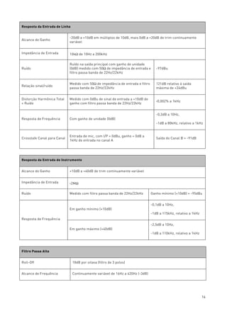 16
Resposta da Entrada de Linha
Alcance do Ganho
-20dB a +10dB em múltiplos de 10dB, mais 0dB a +20dB de trim continuamente
variável
Impedância de Entrada 10kΩ de 10Hz a 200kHz
Ruído
Ruído na saída principal com ganho de unidade
(0dB) medido com 50Ω de impedância de entrada e
filtro passa banda de 22Hz/22kHz
-97dBu
Relação sinal/ruído
Medido com 50Ω de impedância de entrada e filtro
passa banda de 22Hz/22kHz
121dB relativo à saída
máxima de +24dBu
Distorção Harmônica Total
+ Ruído
Medido com 0dBu de sinal de entrada a +10dB de
ganho com filtro passa banda de 22Hz/22kHz
‹0,002% a 1kHz
Resposta de Frequência Com ganho de unidade (0dB)
-0,3dB a 10Hz,
-1dB a 80kHz, relativo a 1kHz
Crosstalk Canal para Canal
Entrada de mic, com I/P = 0dBu, ganho = 0dB a
1kHz de entrada no canal A
Saída do Canal B = -91dB
Resposta da Entrada de Instrumento
Alcance do Ganho +10dB a +40dB de trim continuamente variável
Impedância de Entrada ›2MΩ
Ruído Medido com filtro passa banda de 22Hz/22kHz Ganho mínimo (+10dB) = -95dBu
Resposta de Frequência
Em ganho mínimo (+10dB)
-0,1dB a 10Hz,
-1dB a 115kHz, relativo a 1kHz
Em ganho máximo (+40dB)
-2,5dB a 10Hz,
-1dB a 110kHz, relativo a 1kHz
Filtro Passa Alta
Roll-Off 18dB por oitava (filtro de 3 polos)
Alcance de Frequência Continuamente variável de 16Hz a 420Hz (-3dB)
 