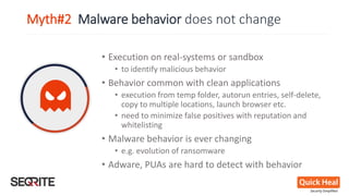 Myth#2 Malware behavior does not change
• Execution on real-systems or sandbox
• to identify malicious behavior
• Behavior common with clean applications
• execution from temp folder, autorun entries, self-delete,
copy to multiple locations, launch browser etc.
• need to minimize false positives with reputation and
whitelisting
• Malware behavior is ever changing
• e.g. evolution of ransomware
• Adware, PUAs are hard to detect with behavior
 